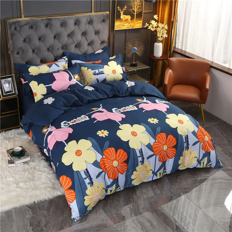 

Flower Girl Bedding Set Thickened Brushed Washed Cotton Duvet Cover Pillowcases Flat Sheet Full Queen Adult Kids Cute Kawaii
