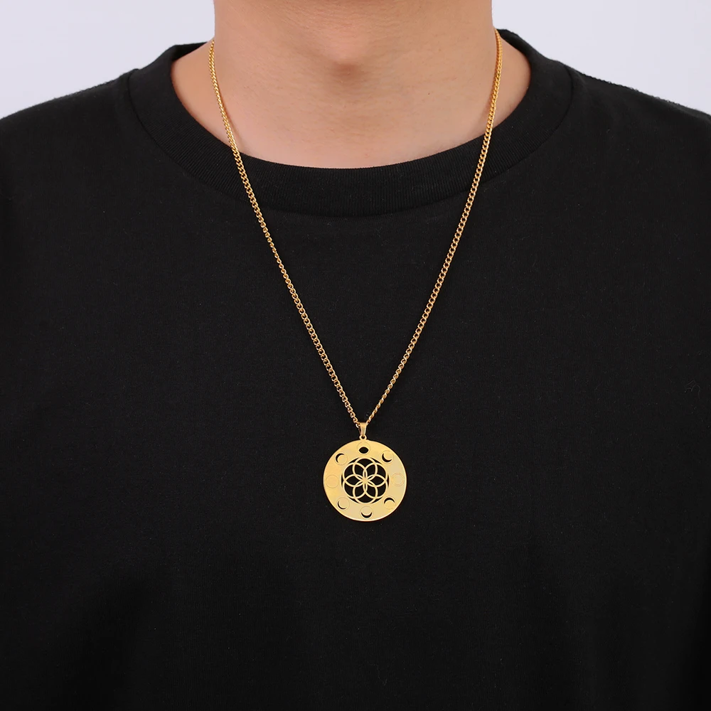 Dawapara Klassische Samen des Lebens Frauen Halskette Mondphase Anhänger Heilige Geometrie Wicca Glück Amulett Edelstahl Schmuck – Detail 4