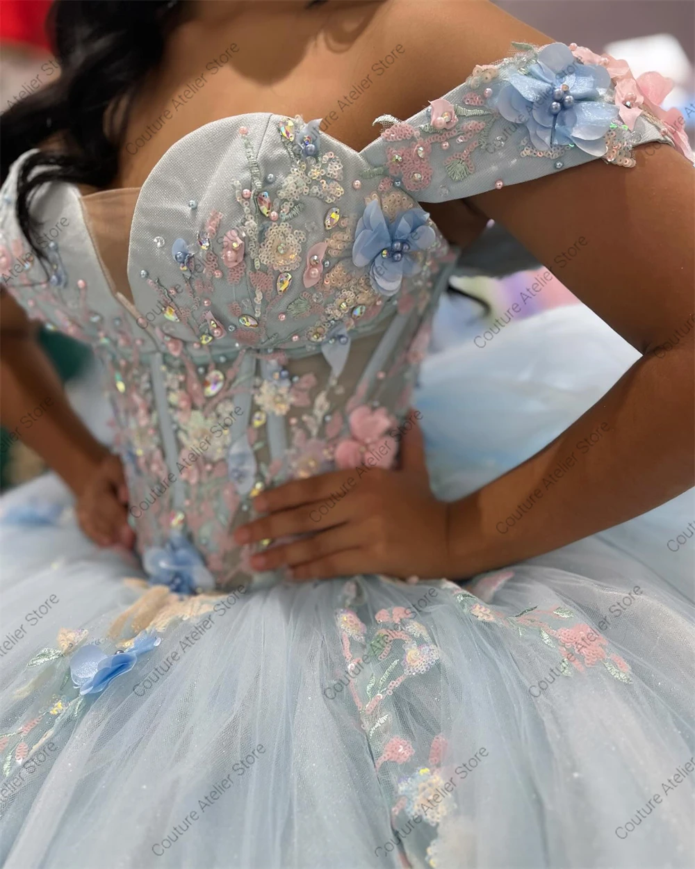 Delicate Baby Blue Quinceanera Dresses Beaded Lace Appliques Birthday Ball Gown With Bow vestidos de 15 a&ntilde;os Customized