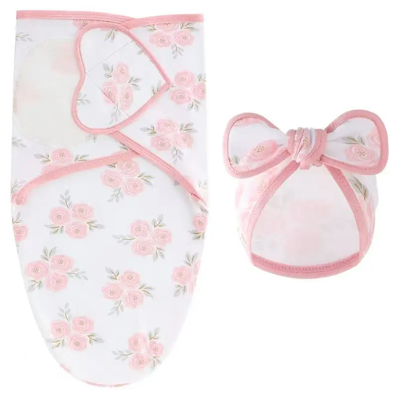 Set di cappelli per coperte per bambini Set di fasce per neonato in cotone stampato a fumetti Fasciatoio per neonato regolabile per tutte le stagioni 0-6 mesi
