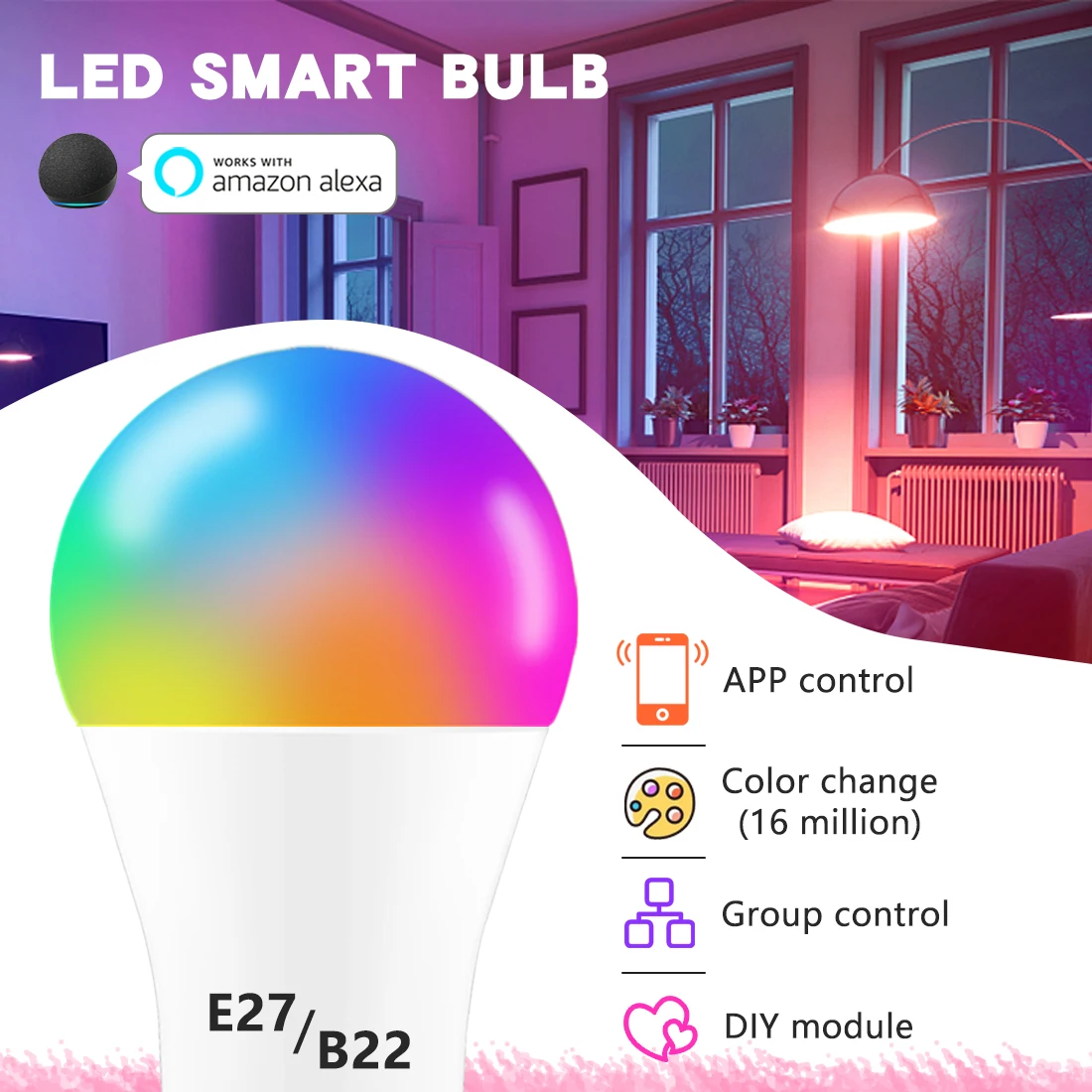 Works With Alexa Smart LED Light Bulb RGB Color Changing E27 Lamp 220V 110V APP Control Dimmable Bluetooth-Compatible No WIFI