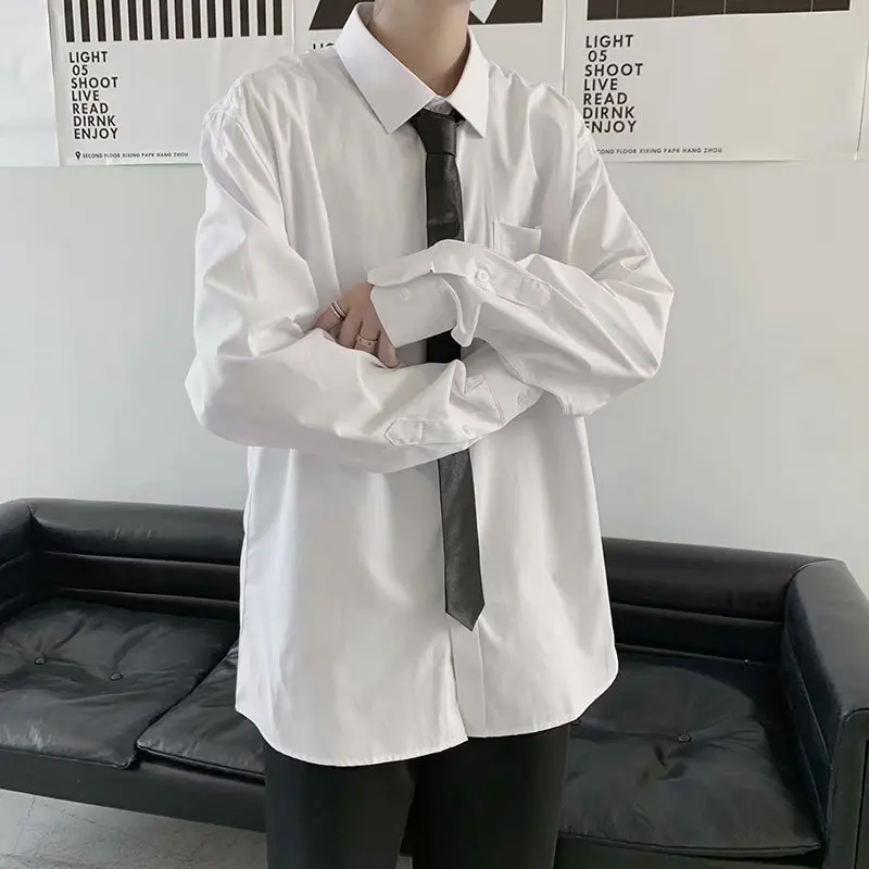 black short sleeve button up White long-sleeved tie shirt male black loose shirt trend Korean version of the college style graduation class shirt shirt top mens short sleeve button up shirts