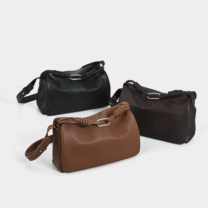 NEW Elegant Luxury Cowhide Crossbody Shoulder Bag,Drawstring Pleated Lucky Bag,Designer Solid Color Women's Bucket Handbag