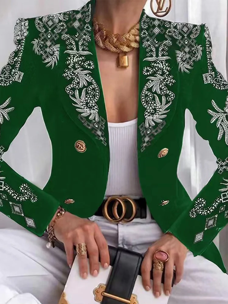 Stylish Streetwear Paisley Chian Printed Double Breasted Long Sleeve  Blazer for Women 2023 Autumn Winter Chic Blazers