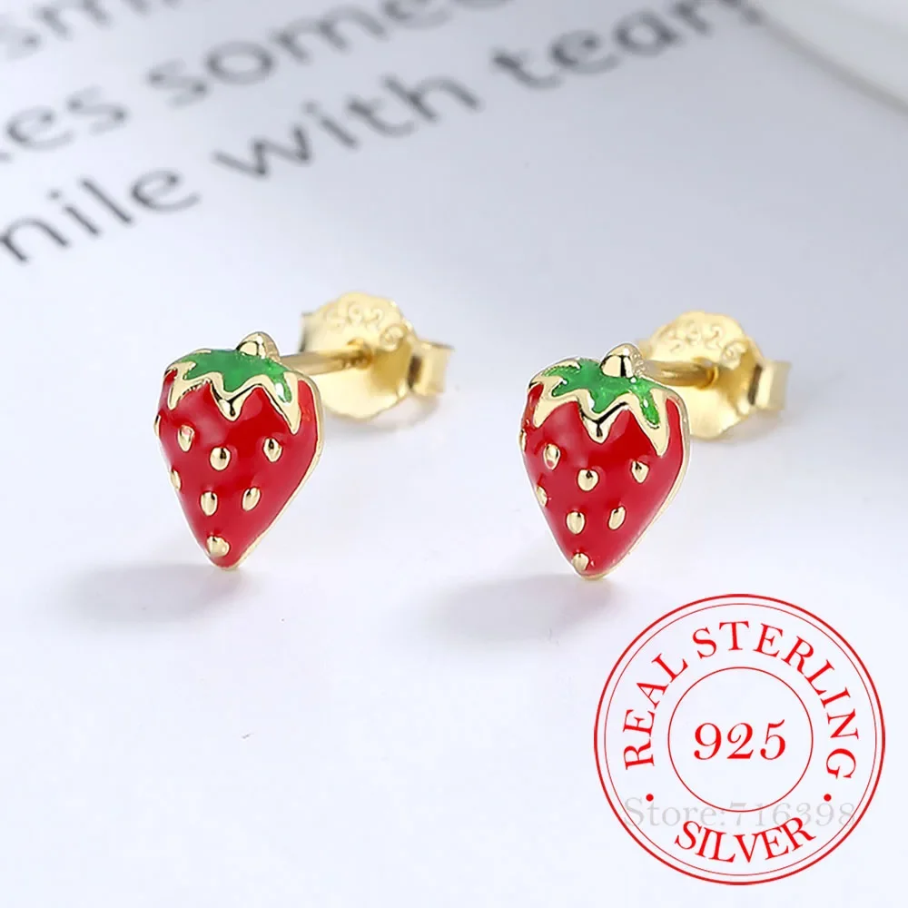 

925 Sterling Silver Cute strawberry thread Stud Earrings For Women Kids Cute Ear Wedding Party Jewelry Gift Female Pendientes