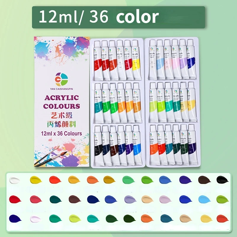 

Acrylic Paint 12/18/24/36 Colors 12ml Tube waterproof paint Set Watercolor for Clothing Rich Pigments for Artists Painting