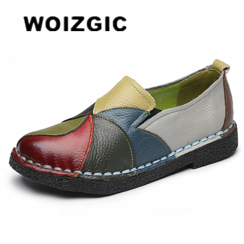 WOIZGIC Women's Ladies Female Woman Mother Shoes Flats Genuine Leather Loafers Mixed Colorful Non Slip On Plus Size 35-42