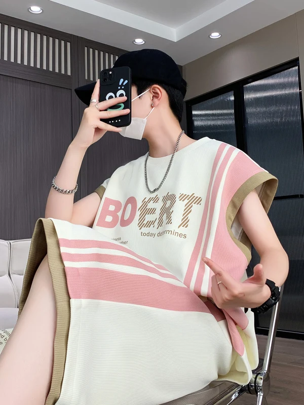 여름 레저 느슨한 얇은 남성 스포츠 정장 조끼 농구 의류 청소년의 유행 세트 짧은 소매 폴리 에스터 섬유