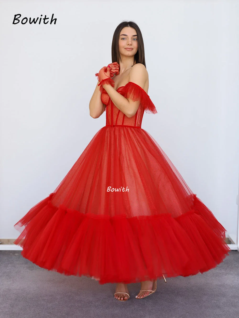 

Red Prom Dress 2022 Puffy Tulle Party Dress with Tea Length Tiered Elegant vestido Formal Party Gown for Christmas