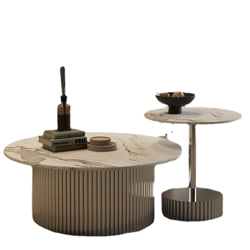 

Xl Villa Stone Plate Stainless Steel Transparent Living Room Home Water Ripple Side Table round Tea Table