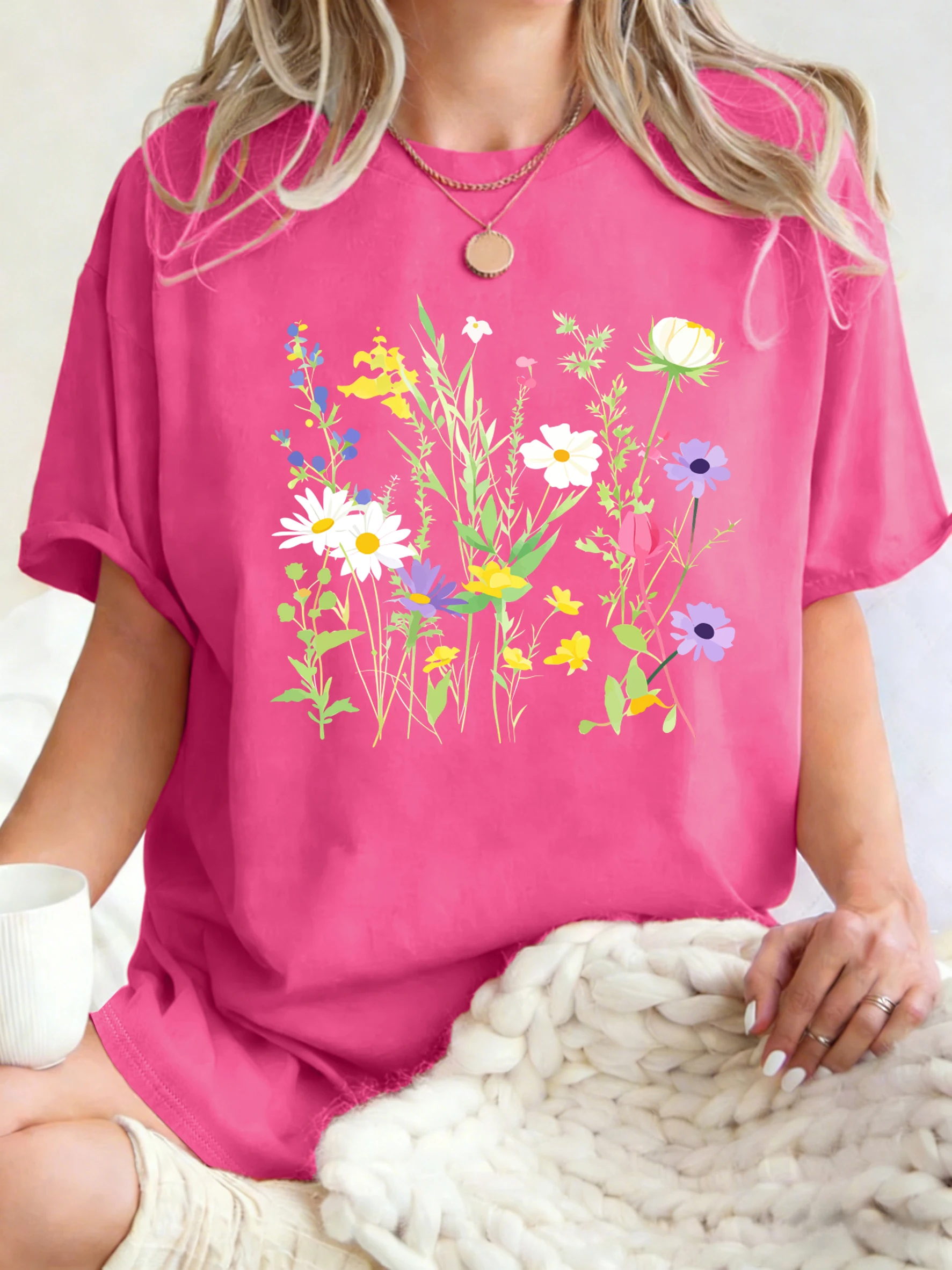 Verschiedene Blumen- und grüne Blätter-Prints Damen T-Shirts Lässige Sport-Tops Y2K Baumwoll-T-Shirt Sommer Oversized Kurzarm – Detail 19