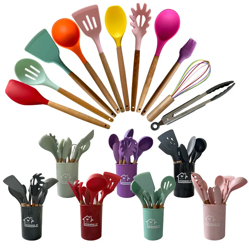 Set di utensili da cucina, 12 pezzi, in silicone, resistenti al calore, con porta utensili, set di utensili da cucina, lavabili in lavastoviglie, colore: cachi