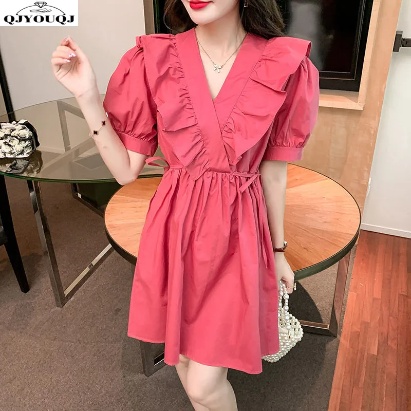 

Pink A-line Skirt 2024 Spring/summer New Waistband Slimming Style Tie Up Bubble Sleeves V-neck Ruffled Edge Dress