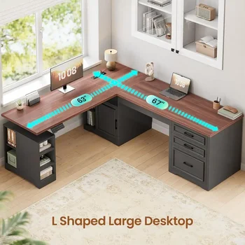 L-Shaped Electric Standing Desk, 63 x 67 Adjustable Height, Home Office Executive Desk with Drawers and Shelves, Black 5