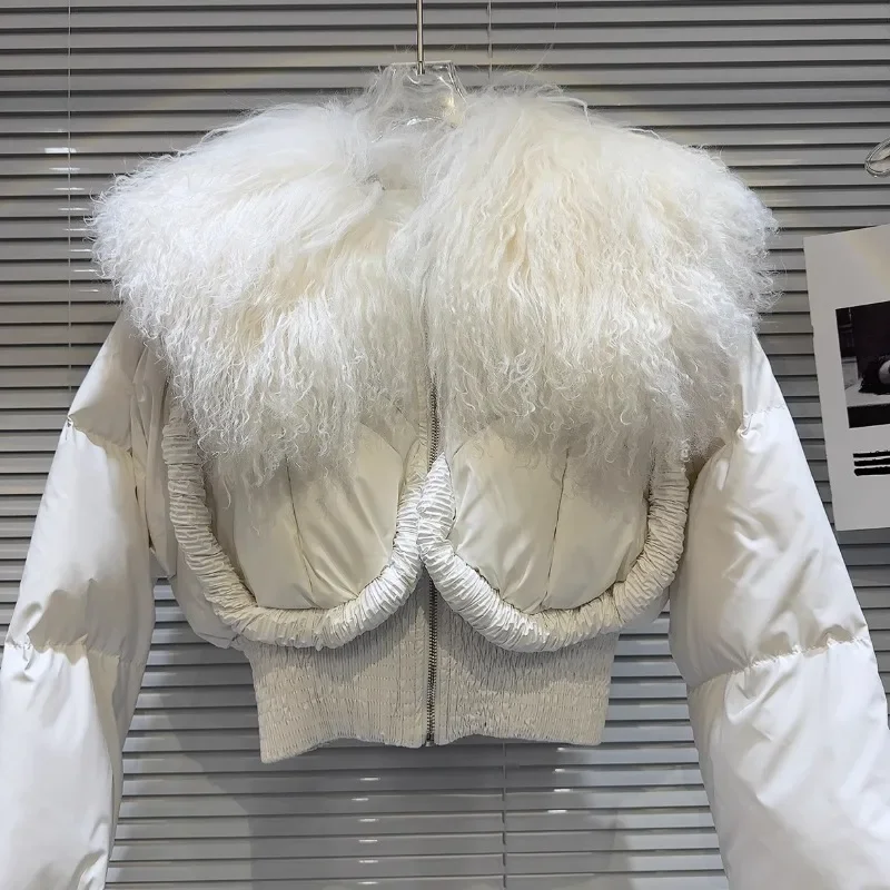 2023 Winter New Style Streetwear Hot Girl Big Lamb Fur Collar Space Glossy Warm Short Waist Down Jacket Coat Jaquetas Feminina