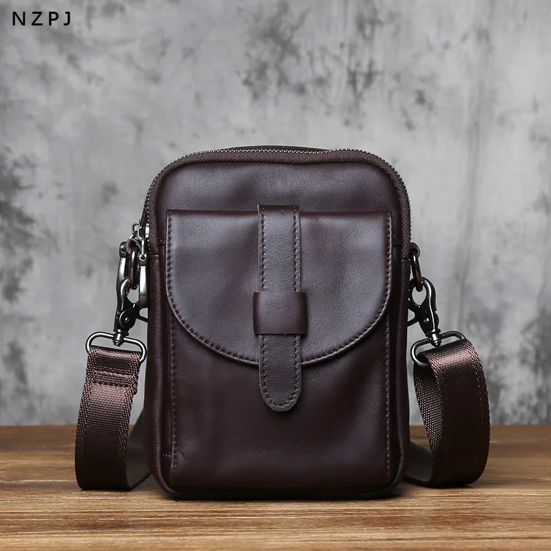 NZPJ Vintage Genuine Leather Men's Shoulder Bag Natural Cowhide Crossbody Bag Casual Small Backpack Suitable for 8-inch iPad