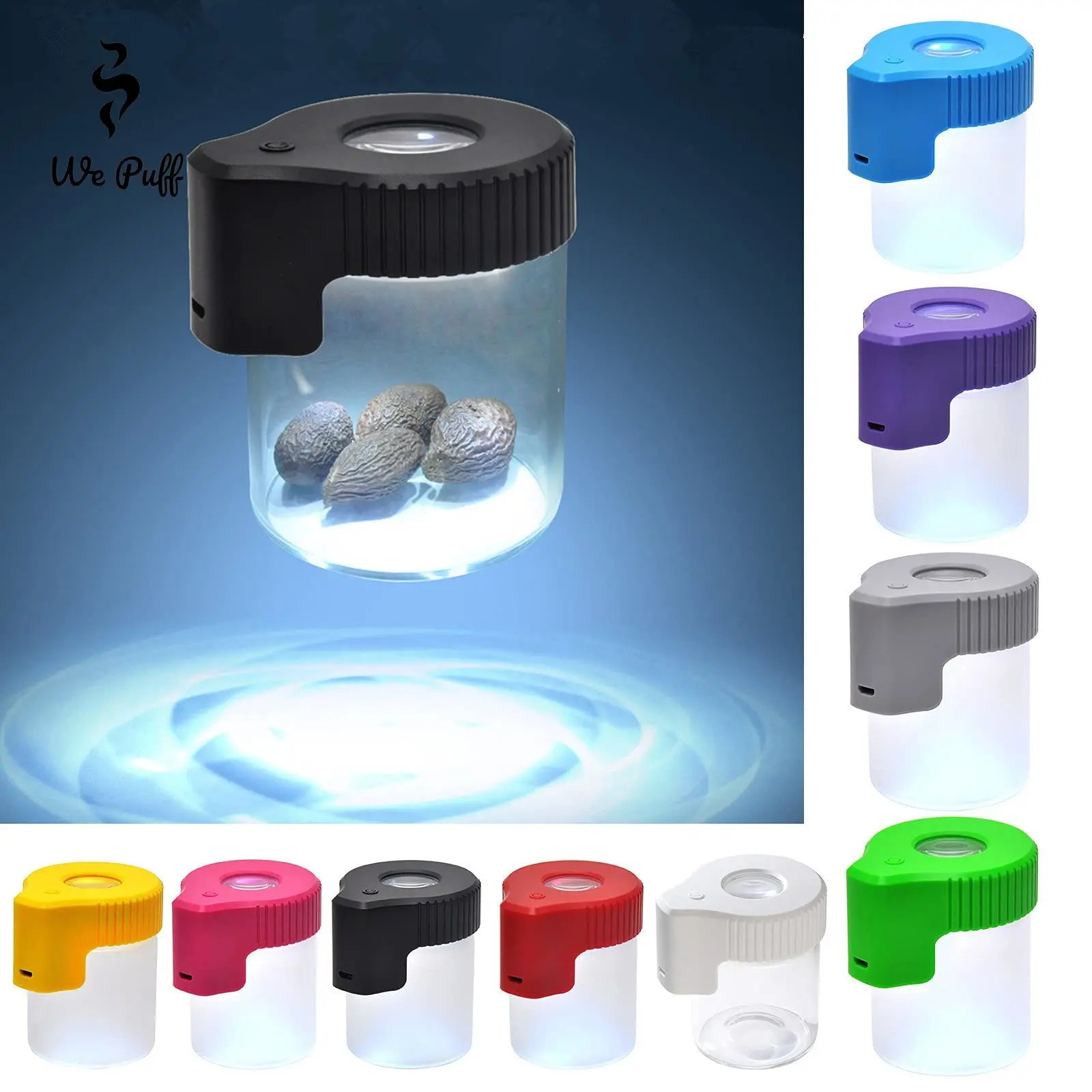 

WE PUFF Led Glass Tobacco Box Luminous Air Tight Magnifying Storage Jar 155ml Vacuum Seal Cigarette Case Smoking Accessories