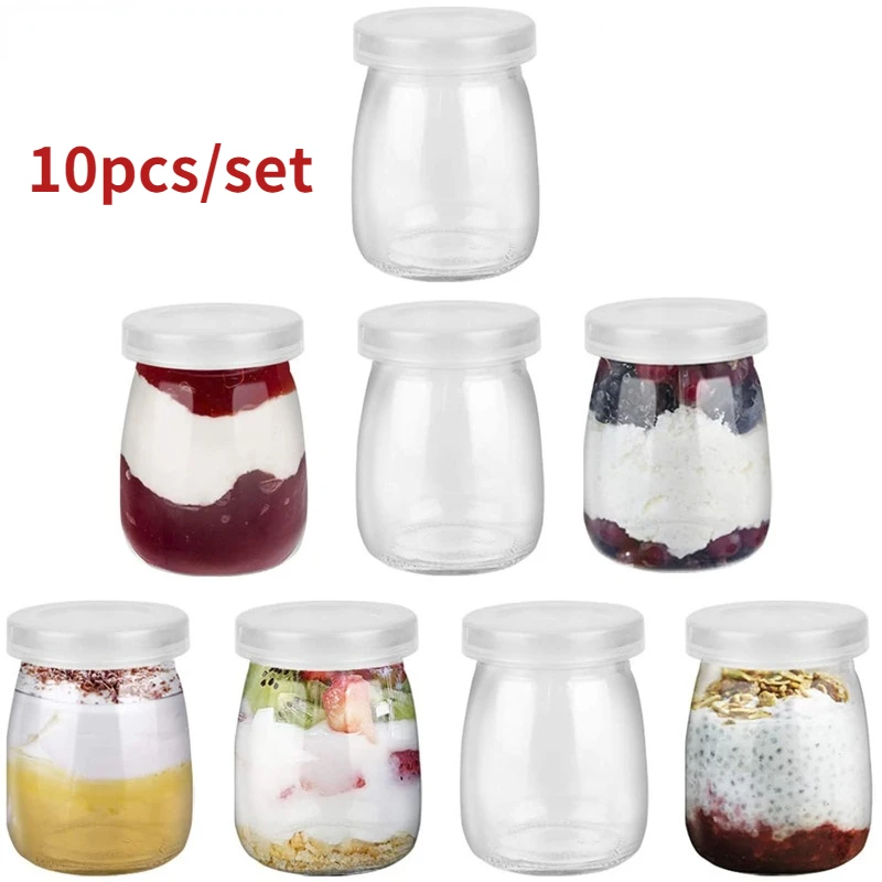 Spice Container Mini Yogurt Jars Glass Pudding Cups with PE Lids 100ml 10 For Milk Jellies Honey Mousse
