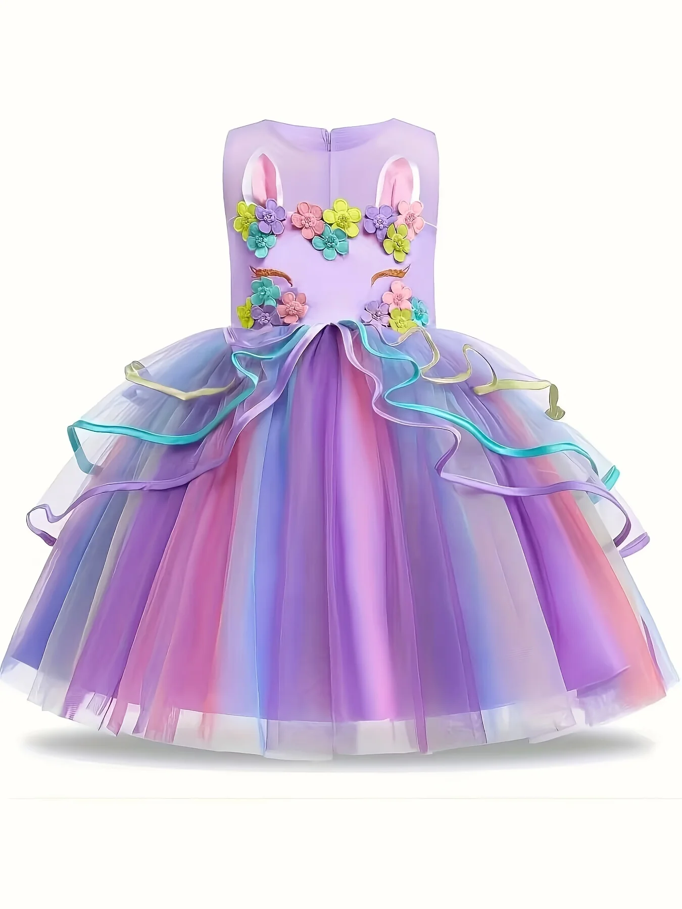 Adorable Unicorn Floral Print Mesh Princess Dress - Perfect for Your Little Girls