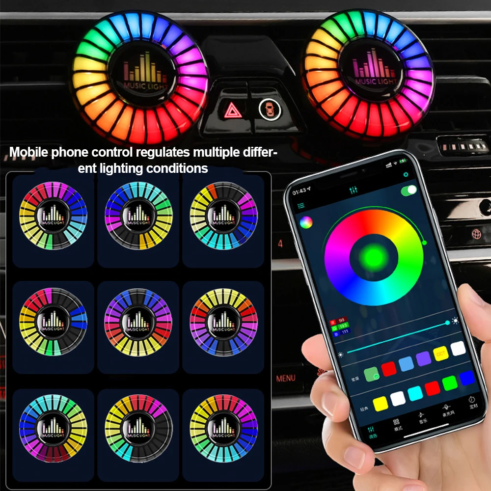 Car Music Rhythm Lamp Air Outlet Freshener RGB LED Strip Sound Control Atmosphere Light Car Accessories