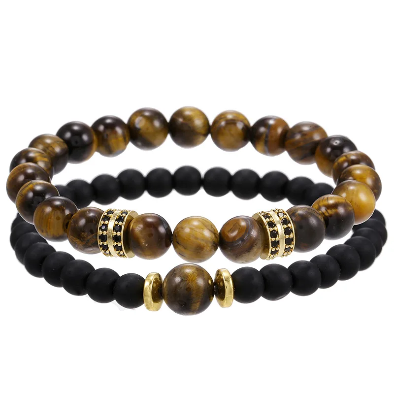 

European and American fashion 2-piece 6/8mm tiger eye stone micro inlaid partition men's bracelet
