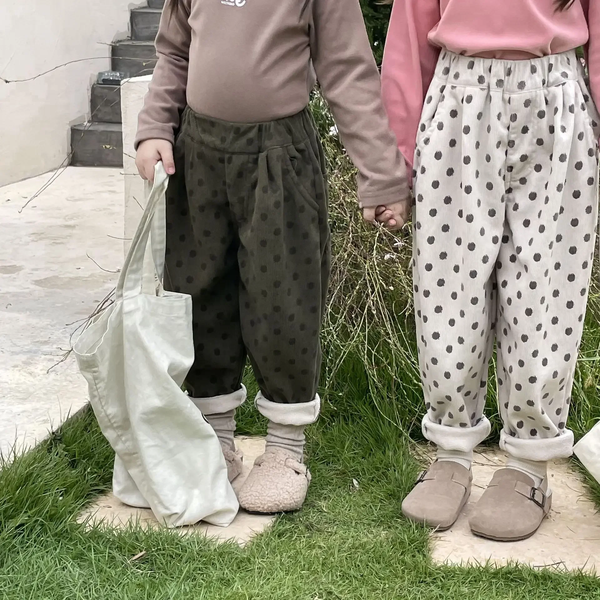 

Kids Pants Children Clothing Loose Fitting Wave Point Loose Corduroy Elastic Waist Girls Thick Dots Causal Trousers