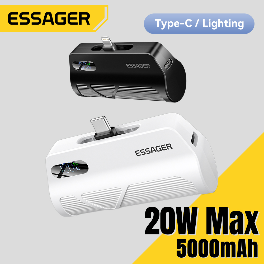 Essager 20W 5000mAh Fast Charging Type-C/Lighting Hidden Dual Plug Mini Power Bank  External Battery For iPhone 16 15 14 Huawei 
