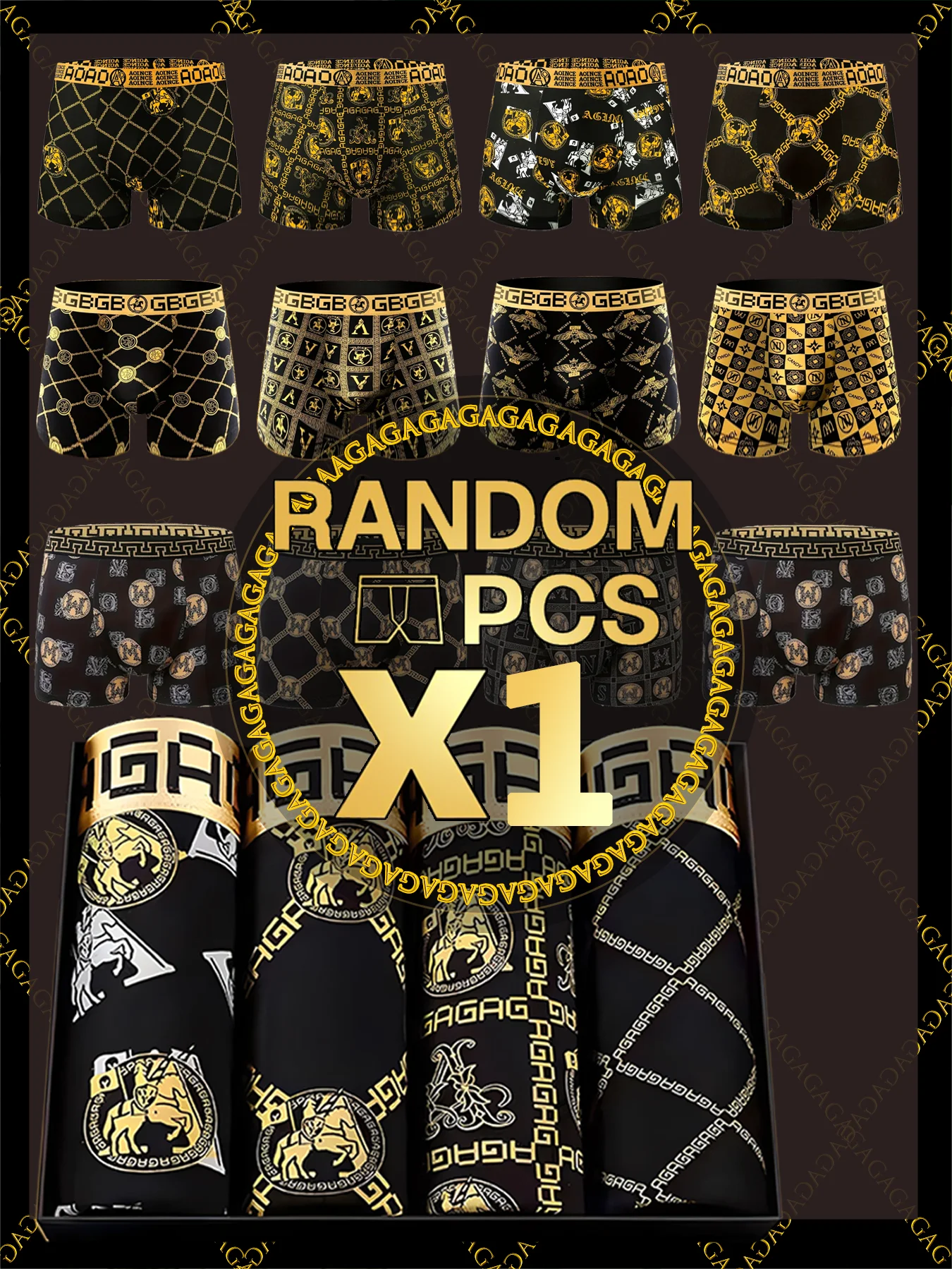 random 1-Pack Men's Boxer Briefs Greek Pattern Black Golden Soft ...