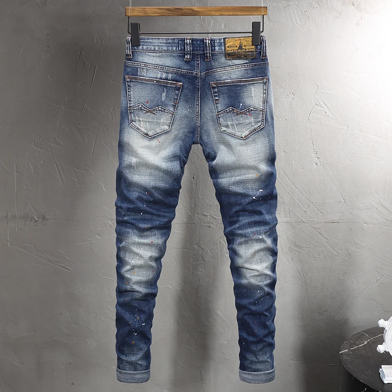 Fashion Designer Men Jeans High Quality Retro Washed Blue Painted Ripped Jeans Men Vintage Trousers Casual Denim Pants Hombre