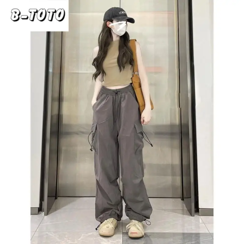 B-TOTOWork Trousers Girls American Female Thin Section Loose Thin Retro Street Dance Drawstring Foot Leisure Straight Sweatpants y2k skinny waist belt for girls street dance prom hip hop stage vintage buckle