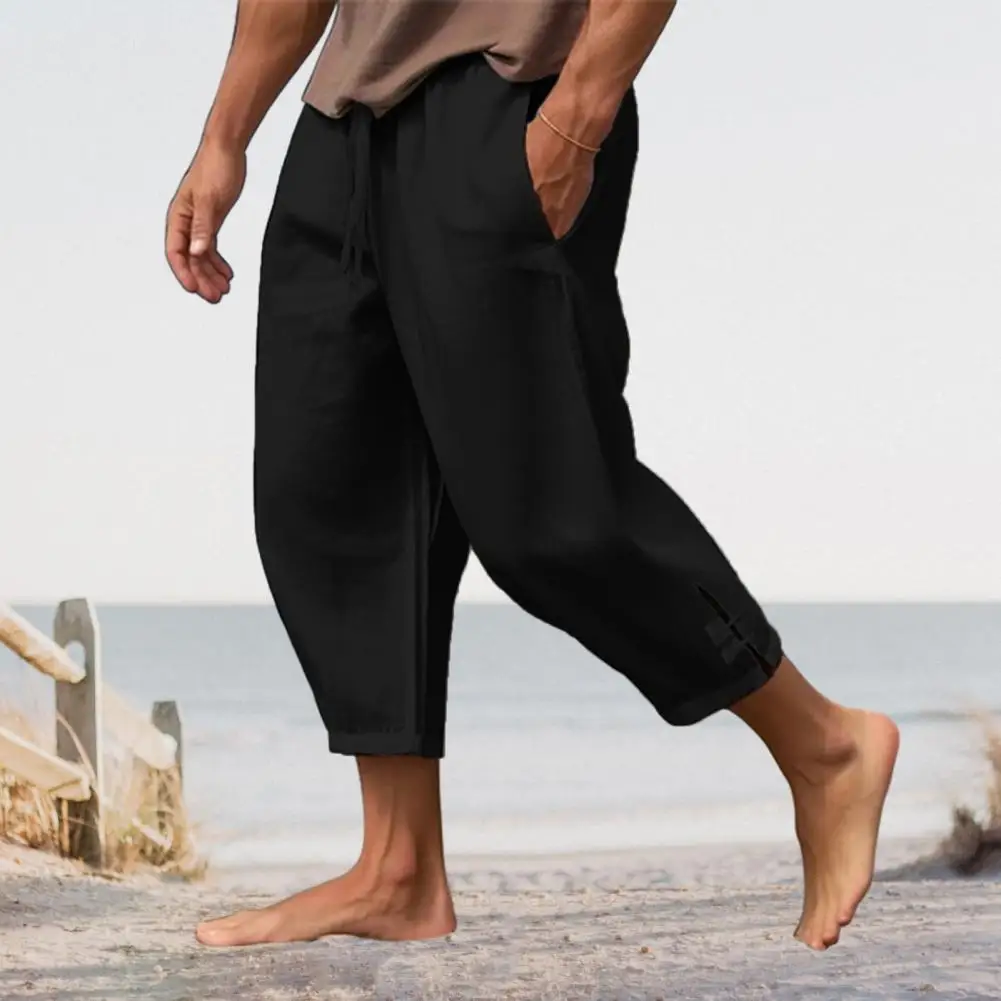 Description Picture 4 of itemBeach Slits Trousers Men's Summer Vacation Beach Trousers with Drawstring Elastic Waist Deep Crotch Loose Pockets for Comfort