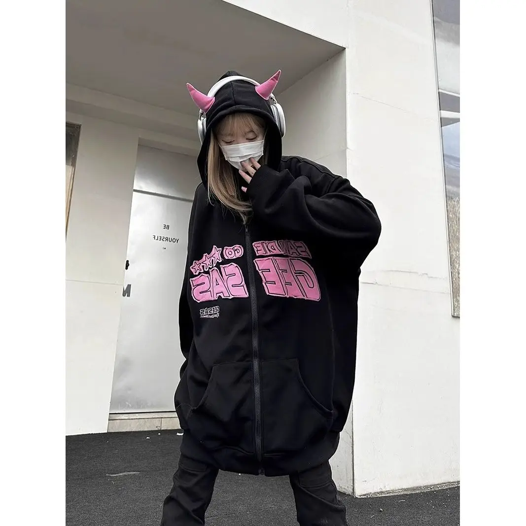 Mens Demon Horn Print Zip Up Hoodie Sweatshirt Y2K Hip Hop Pink