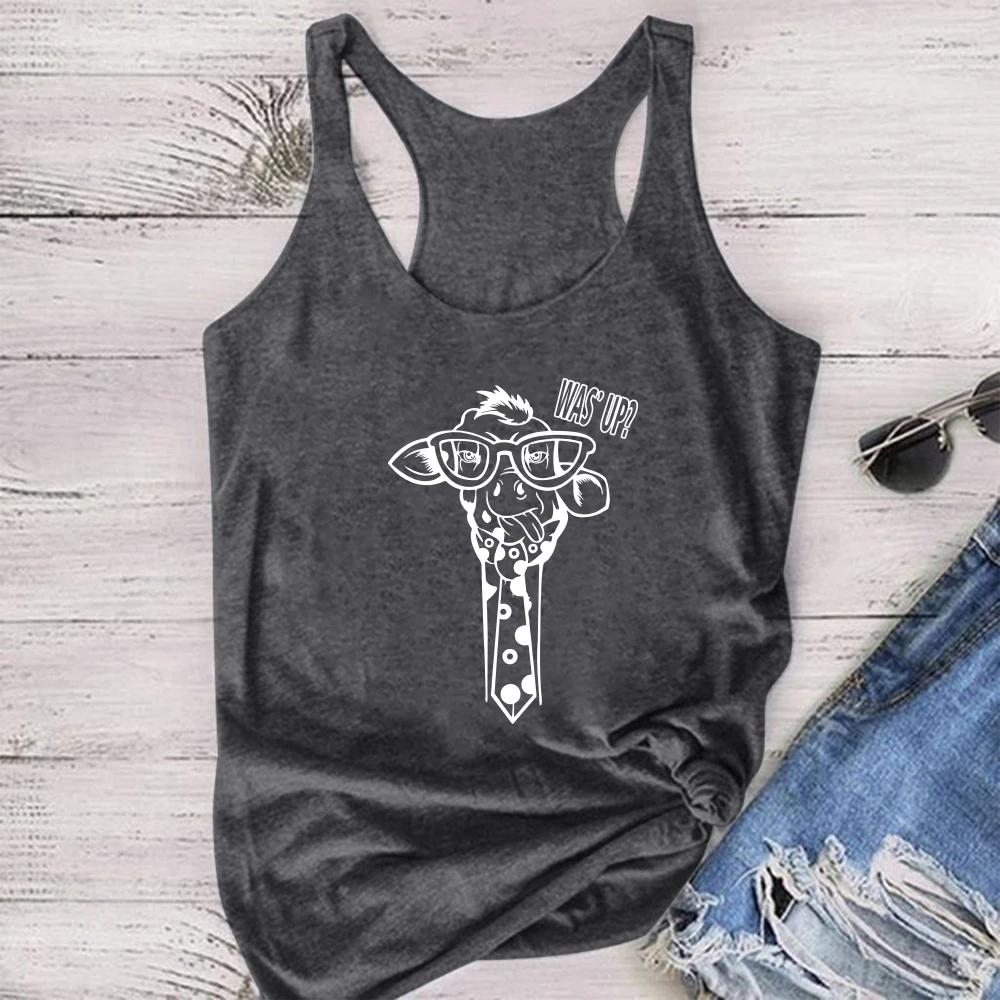 

Women Sleeveless Funny O Neck Vest Tops Graphic for Fashion Giraffe with Glasses Was' Up Print Tank Top