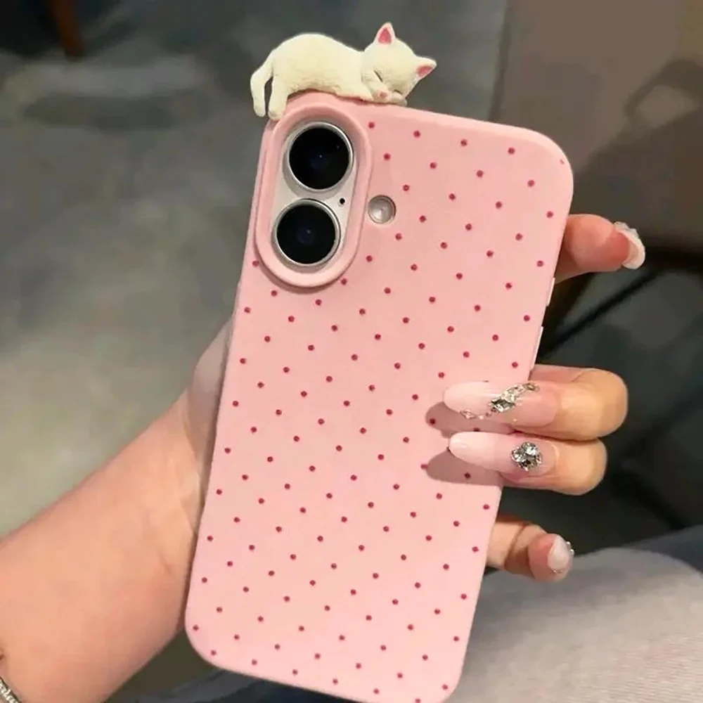 Korea Lovely Dot 3D Cartoon Leather Shockproof Cat Phone Case