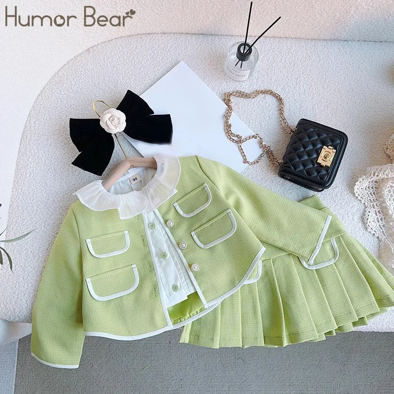 

Humor Bear Spring and Autumn Girls' Korean Edition Set Small Fragrant Wind Doll Neck Coat Half Skirt Vestidos Casual Outfit 2-6Y