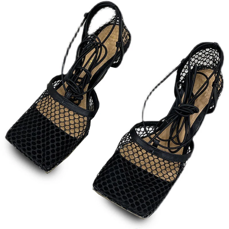 Sexy Mesh Sandalen Vierkante Neus Ademende En Modieuze Damesschoenen Vierkante Neus Schoenen Romeinse Band Dames Sandalen Met Hoge Hakken