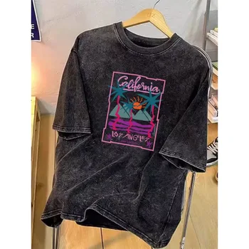 California Los Angeles Palm Tree Sunset Graphic T-Shirt Vintage Washed Black Distressed Tee Casual Retro Summer Top 1