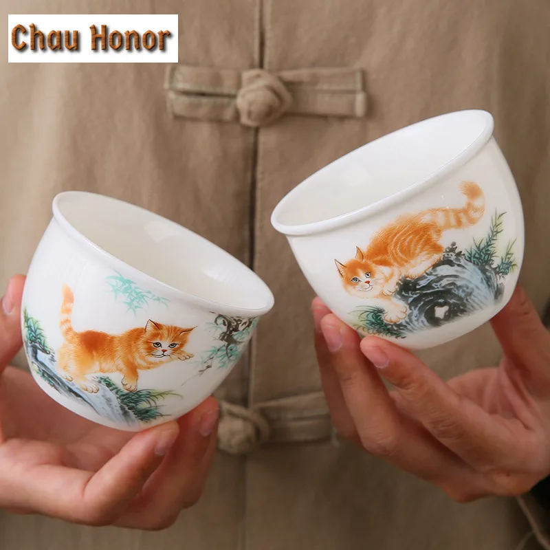 165ml Cute Cat Teacup Chinese Sheep Fat Jade Porcelain Cup Beautiful Tasting Cup Personal Master Tea Bowl Teaware Tea Ceremony