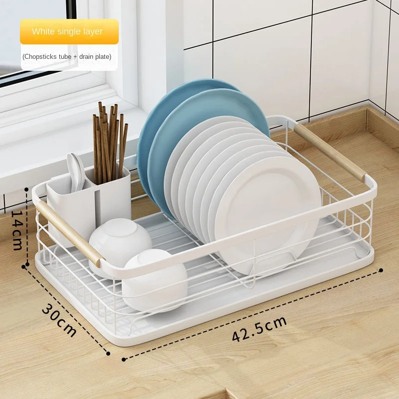 1pc Metal Modern Minimalist Black Sprayed Kitchen Organizer Dish Rack With  Drain Bowl Rack Table Top Single Layer Dinnerware Shelf