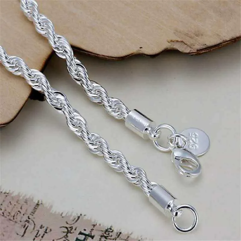 925 Silver 4MM Women Men Chain Male Twisted Rope Necklace Bracelets Fashion Silver Jewelry Set silver jewelry set jewelry set silver jewelry