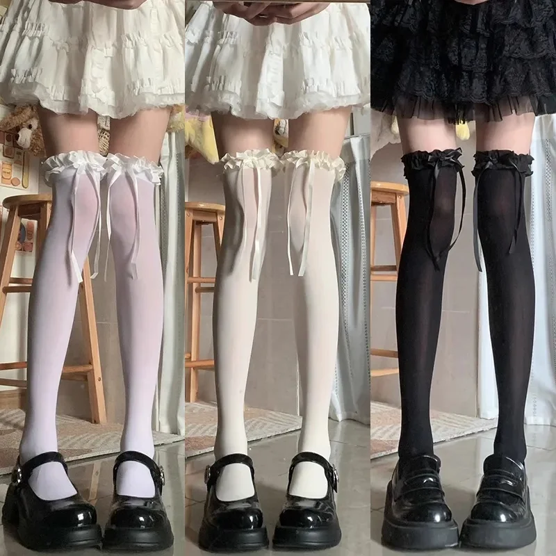 New Black White Women Lace Ruffle Long Socks Girls Sweet JK Lolita Stockings Nylon Lace Leggings Over The Knee Bowknot Hosiery