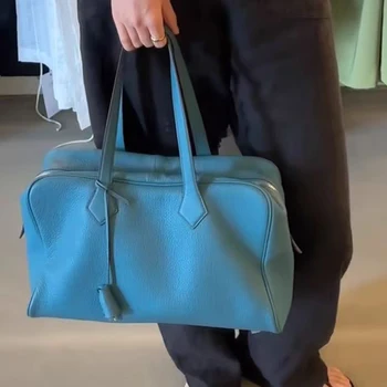 Borsa Boston Blu alla Moda, Multifunzionale, Grande Capacità, Borsa a Tracolla con Motivo Lychee, Versatile per Pendolari