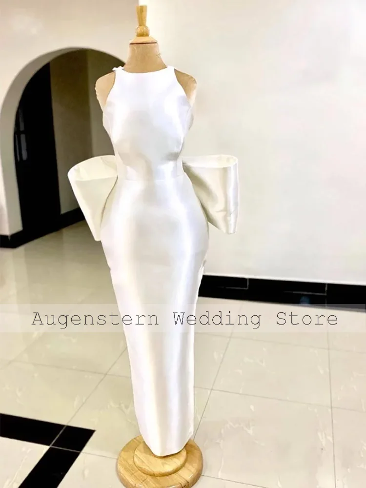 Customized Column Wedding Dress Satin Floor Length O Neck Court Wedding Gowns for Women Bride Big Bow Modern Bridal Dresses Long