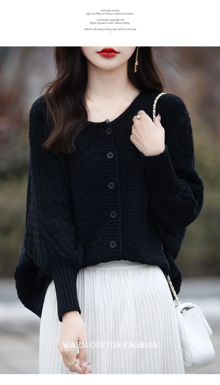 Women's 100% Cotton Sweater Round Collar Bat Sleeve Cardigan Autumn Winter Checkerboard Grid Warm Jacket Casual Knit Basic Tops
