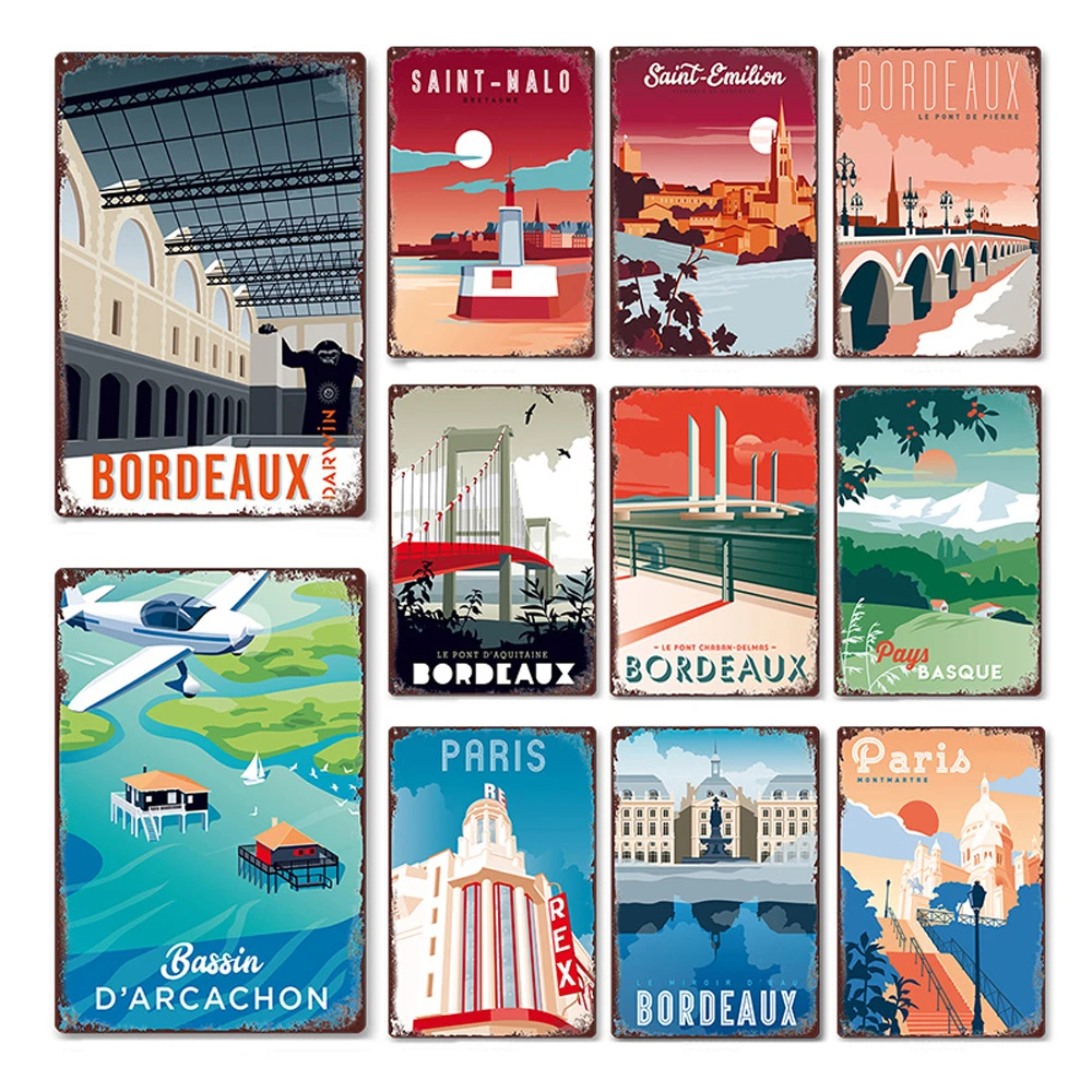 

Vintage Tin Painting Beach Surfing Mountain Grassland Iconic Architecture Metal Poster Landscape Wall Decoration Home Decoration