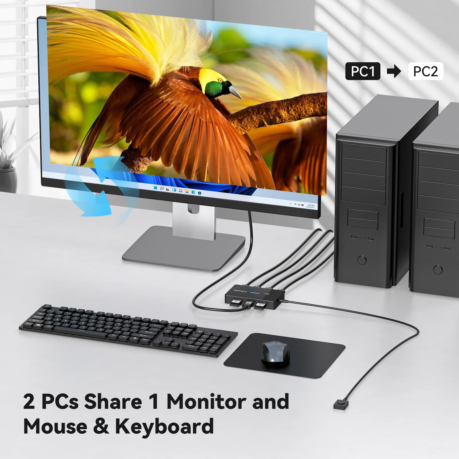 Ultra HD HDMI KVM Switch for Dual Computer Control with USB Hub – Plug and Play, No External Power Needed