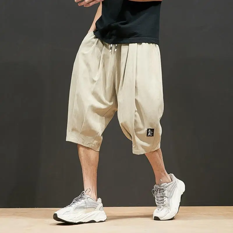 2023 Summer New Solid Color Elastic Waist Knee Length Pants Man Japanese Style Loose Casual Fashion Comfortable Wide Leg Trouser
