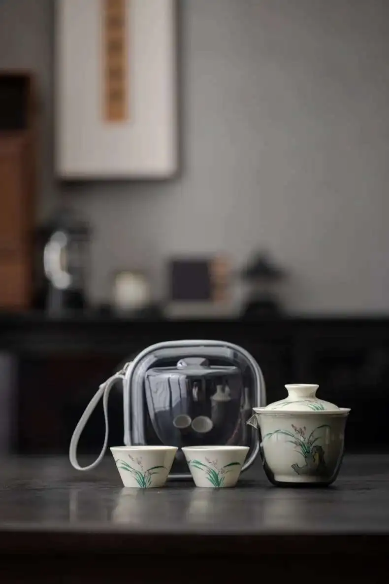 Description Picture 2 of itemPortable Travel Tea Set Underglaze Color Hand-painted Orchid Ceramic Quick Guest Cup One Pot Two Cups Outdoor Tea Maker