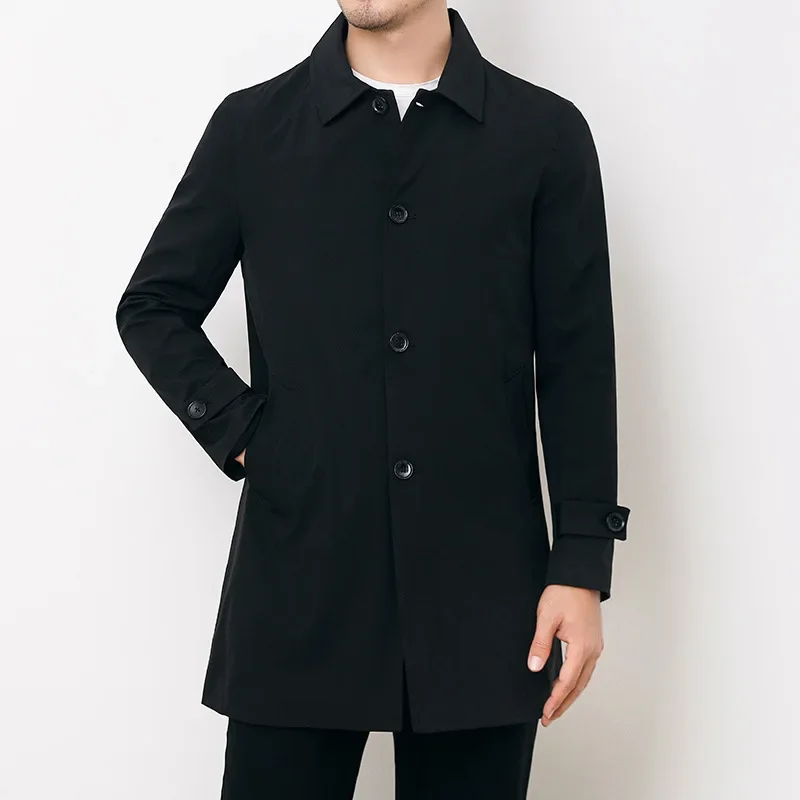 Men's Trench Coat Long Windbreaker Fashion Business Casual Loose Solid England Style Turn Down Collar Jackets