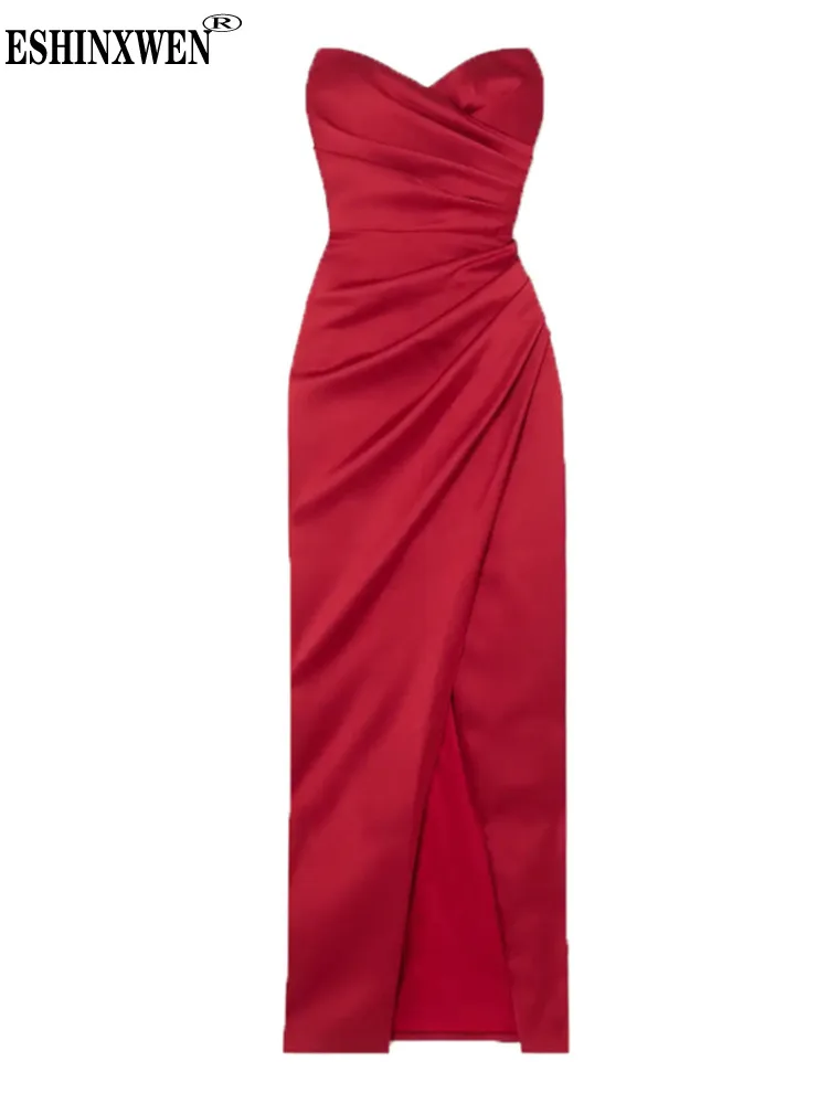 

Eshin Red Pleated Slit Irregular Strapless Folds Party A Line Dress For Women 2024 Spring Fashion Female New Dresses TH6131